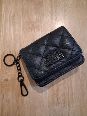 Steve Madden Black Quilted Card Holder Wallet Keychain | New